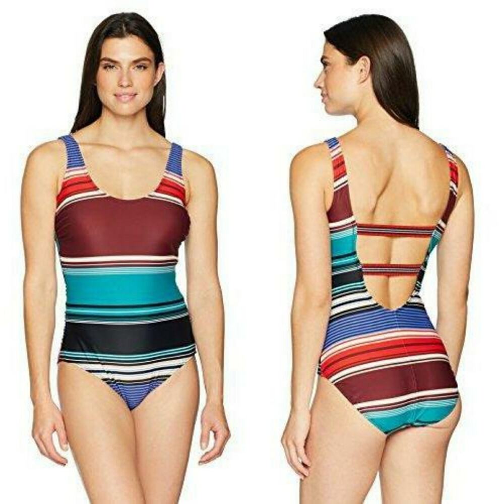 Coastal Blue Scoop Neck Striped One-Piece Size XL